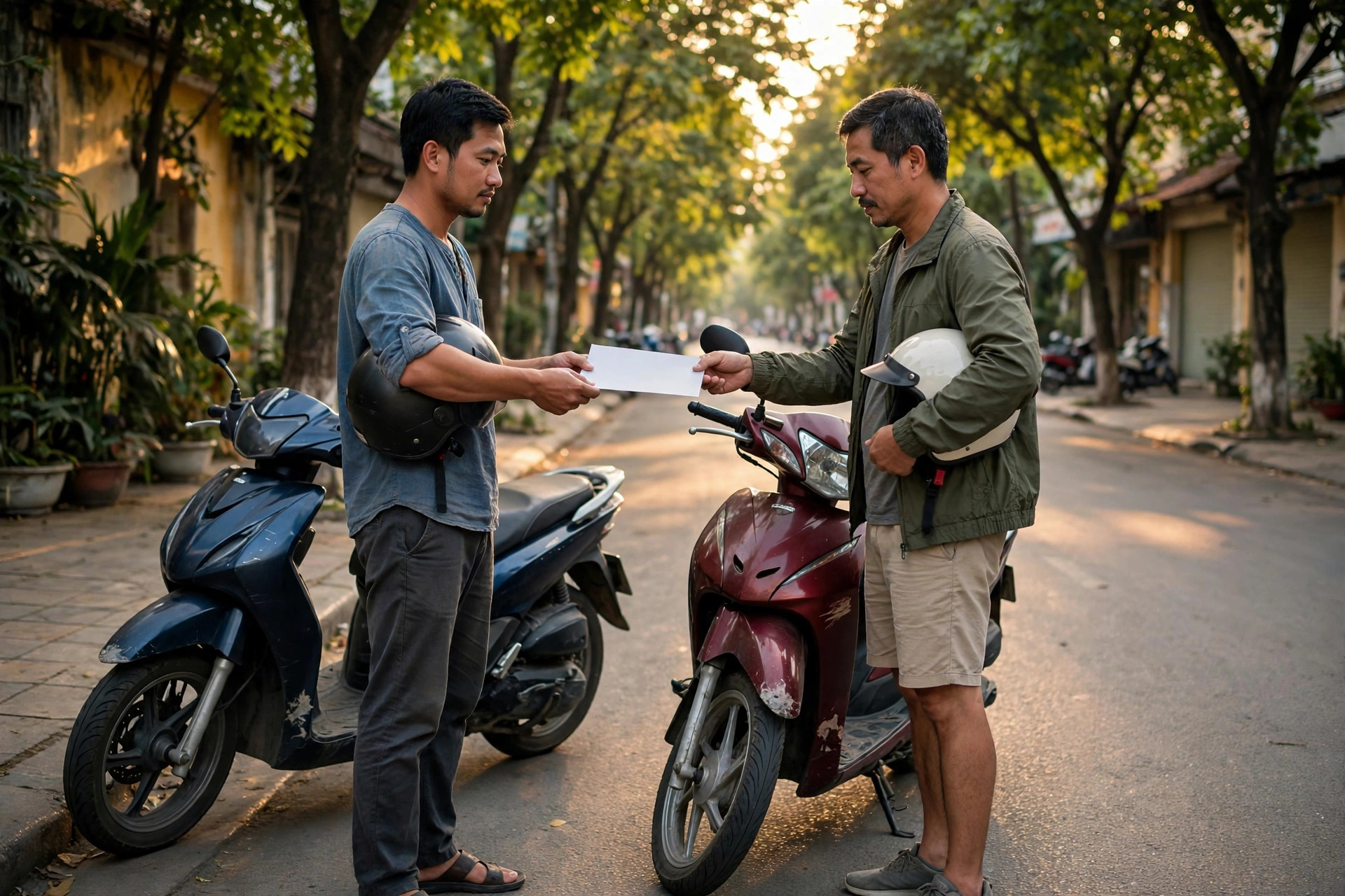 Hai người đi xe máy trao đổi giấy tờ bảo hiểm sau va chạm nhẹ