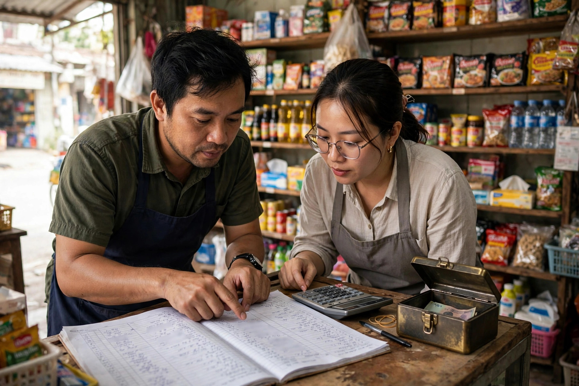 Hai đồng sở hữu quán xem lại sổ ghi phần vốn góp