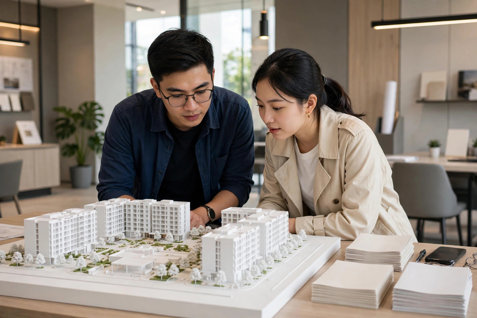 Vợ chồng trẻ xem mô hình dự án tại văn phòng bán hàng