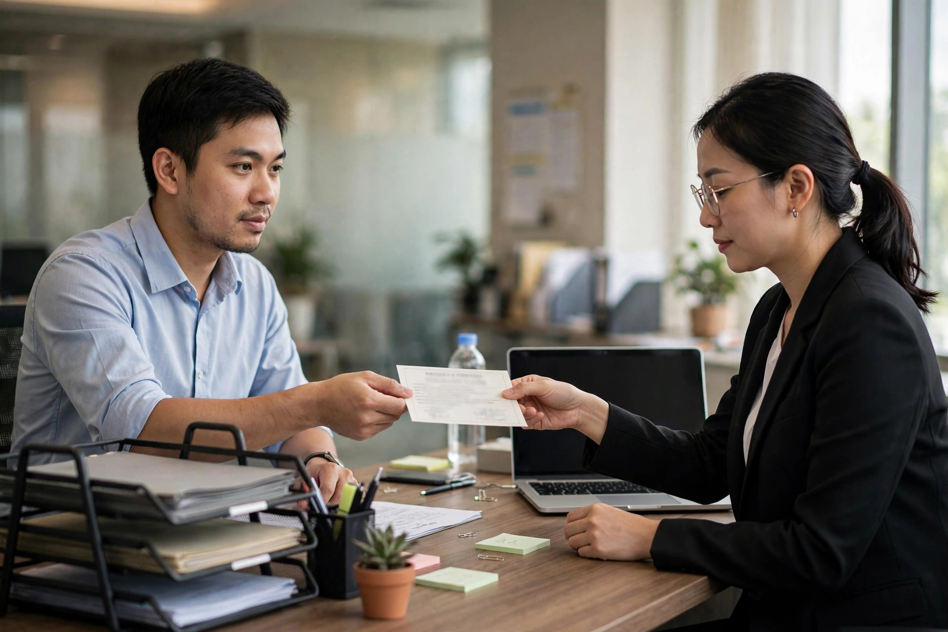 Nhân viên trao giấy nghỉ ốm cho bộ phận nhân sự