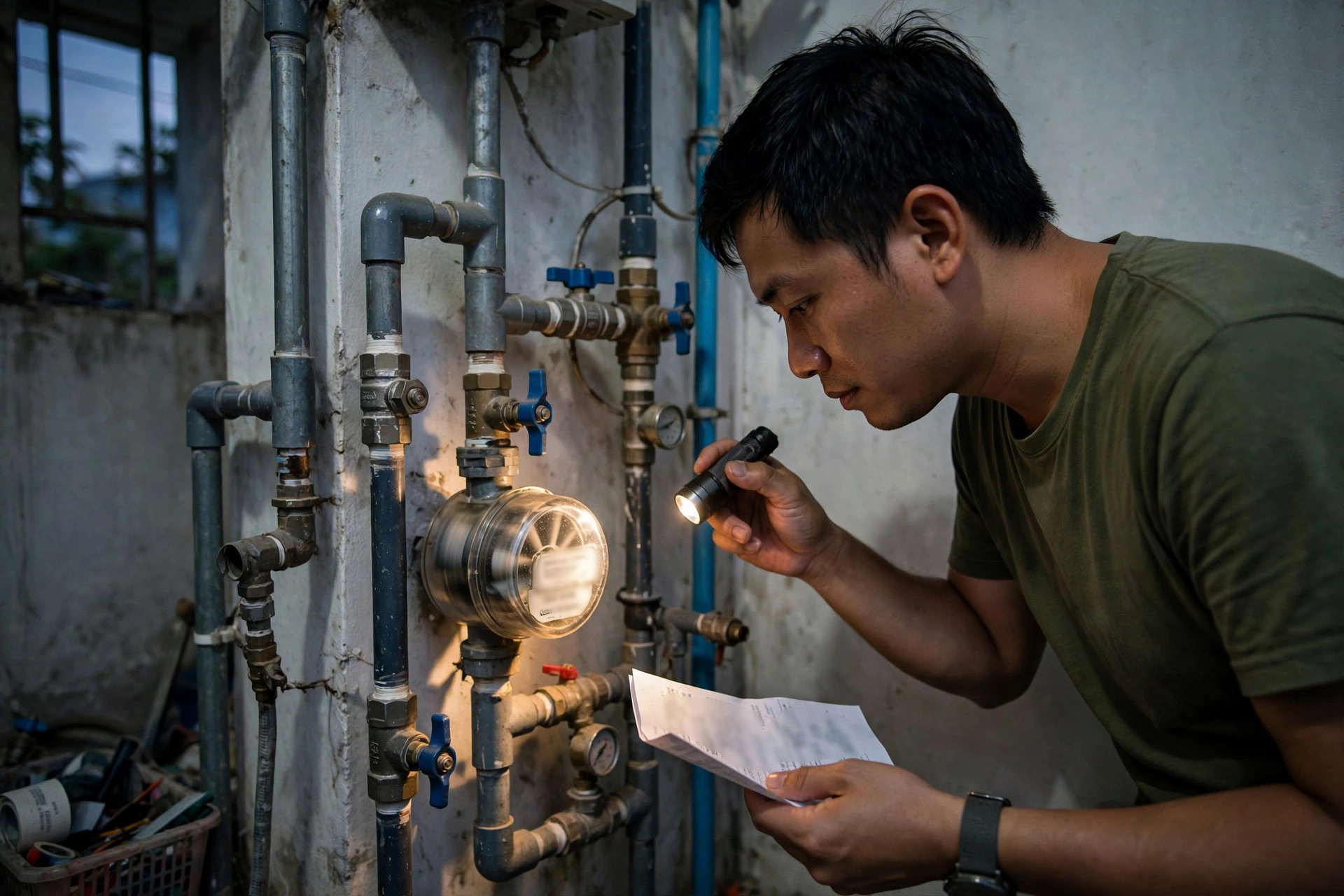 Kiểm tra đồng hồ nước tại góc kỹ thuật của gia đình