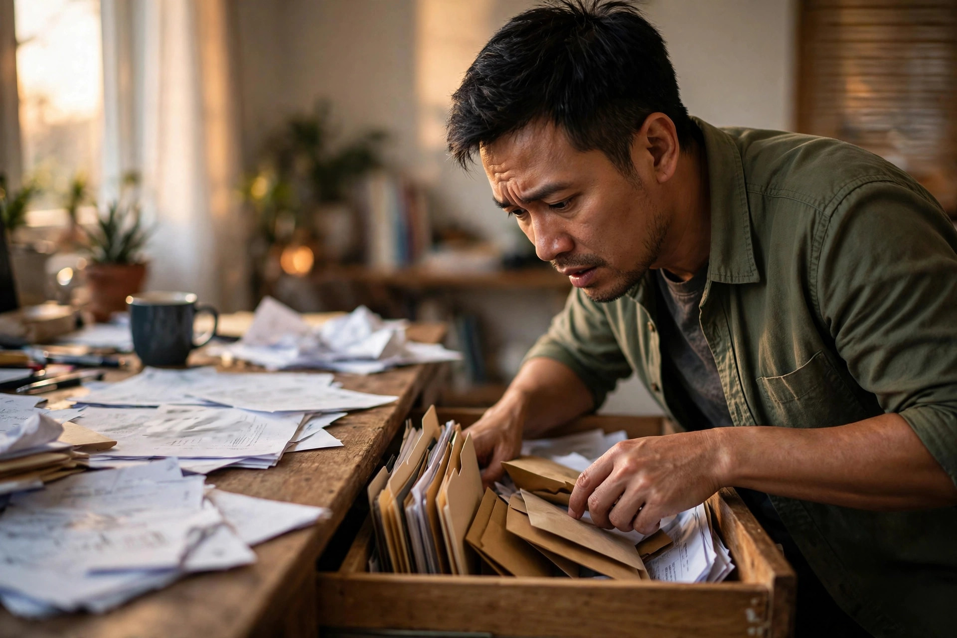 Tìm lại giấy tờ trong ngăn kéo bàn tại nhà