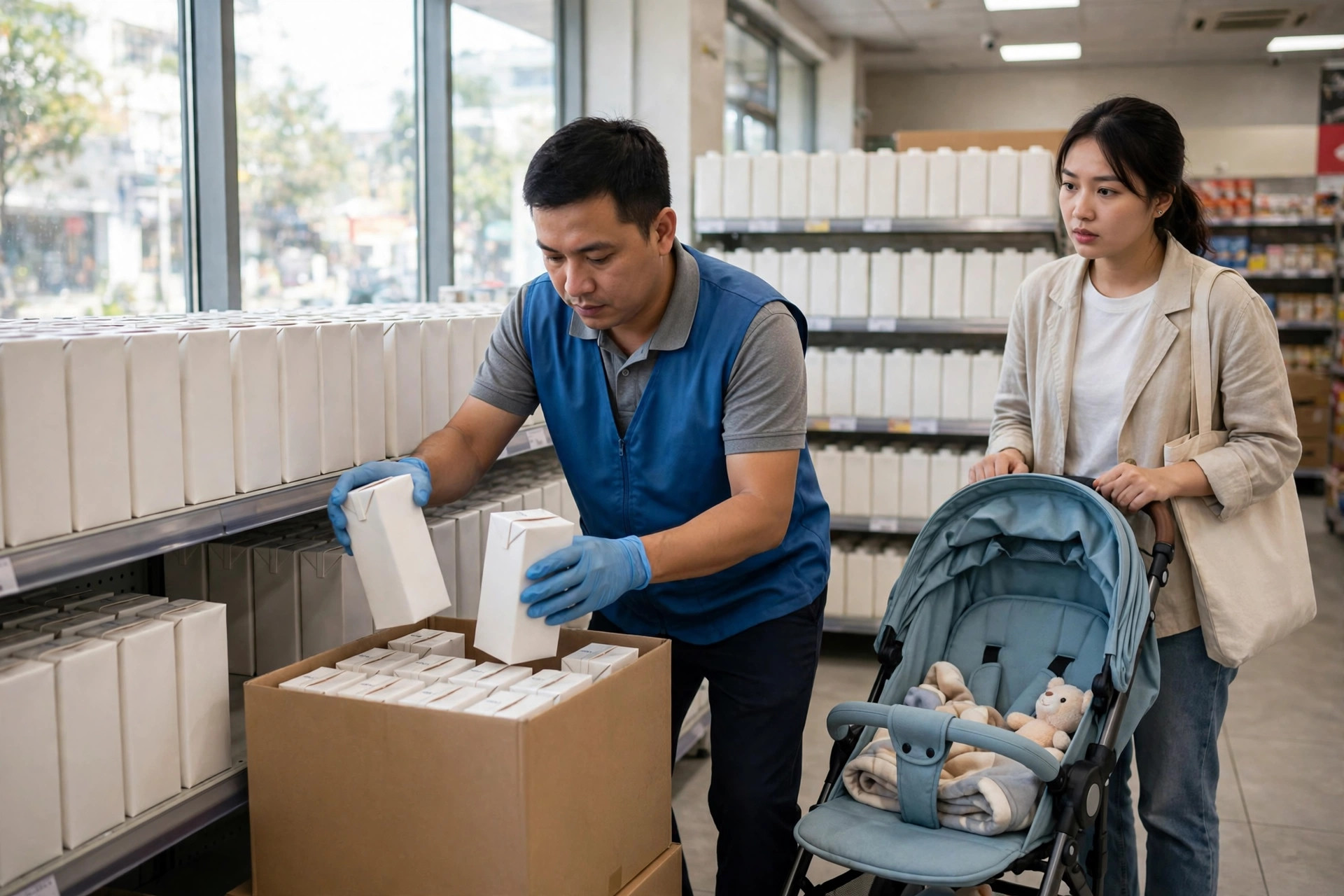 Nhân viên siêu thị thu hồi sữa khỏi kệ hàng