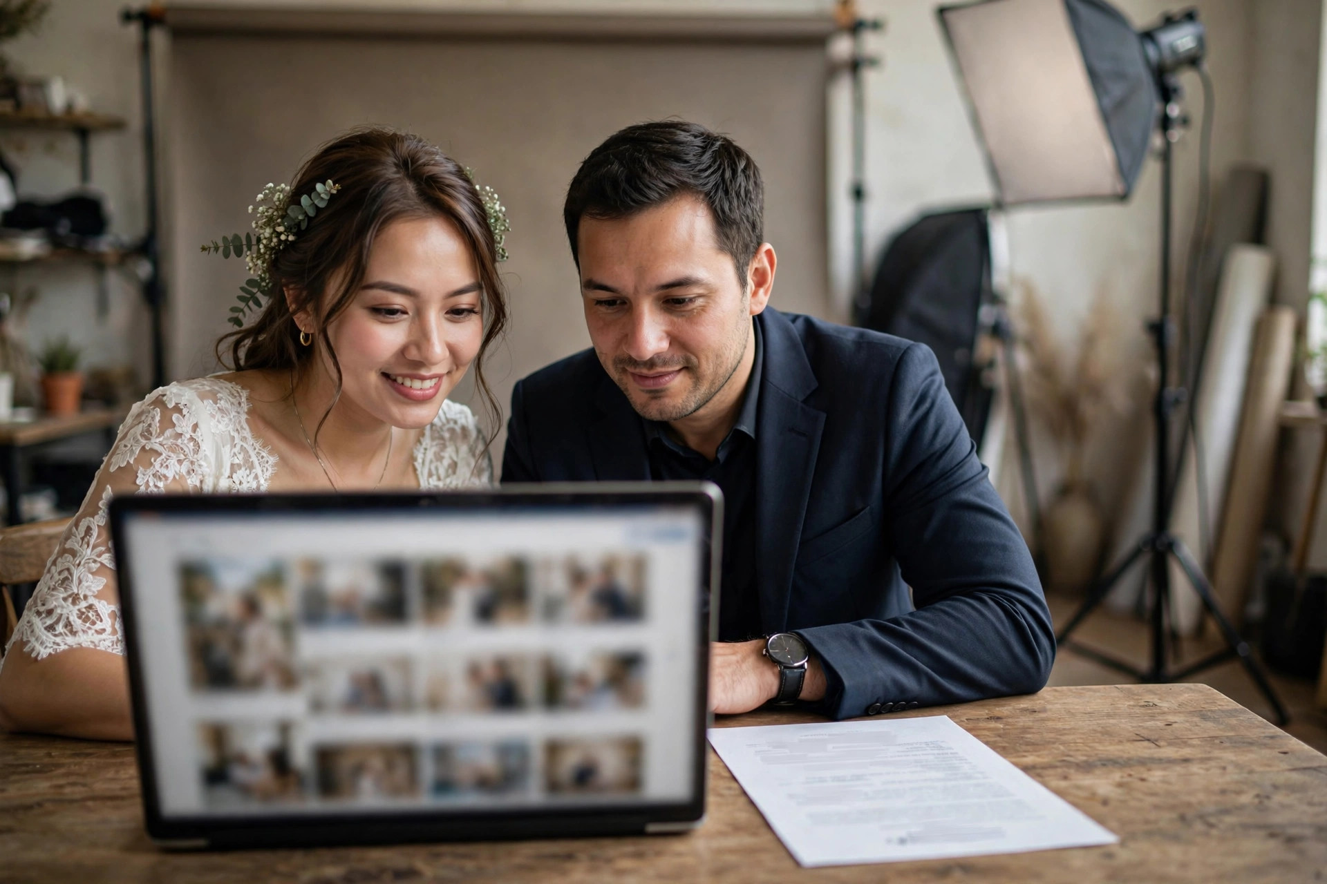 Đôi vợ chồng xem lại ảnh cưới và hợp đồng tại studio