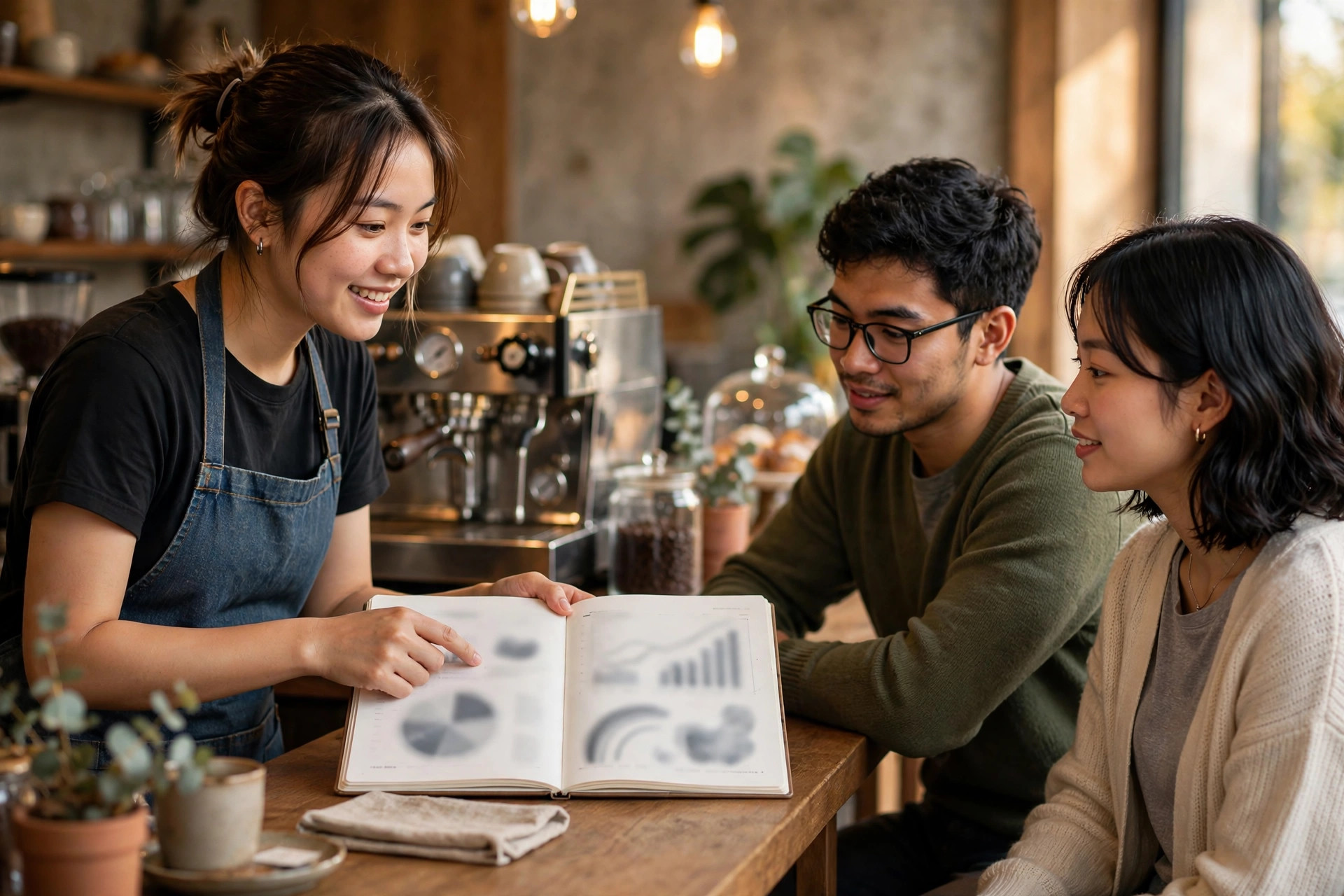 Chủ quán nhỏ trình bày kế hoạch gọi vốn với bạn bè tại quầy quán
