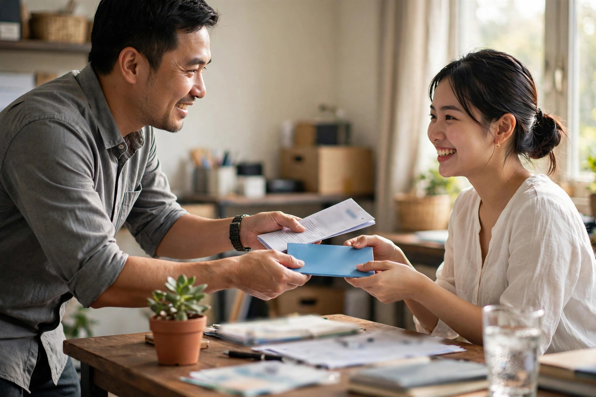 Chủ doanh nghiệp nhỏ trao hợp đồng lao động và sổ bảo hiểm cho nhân viên mới