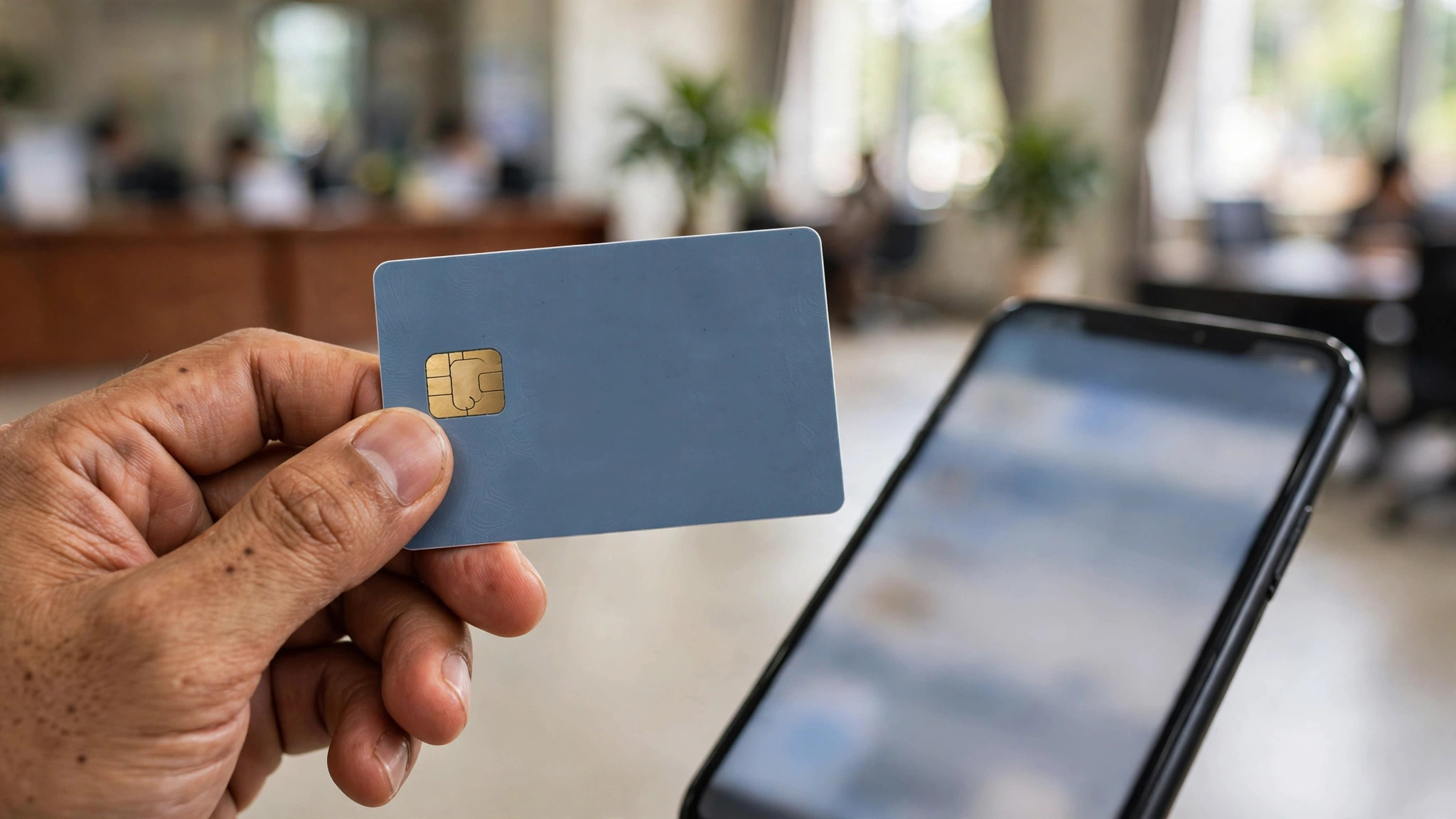 Thẻ căn cước gắn chip bên cạnh điện thoại tại quầy dịch vụ công