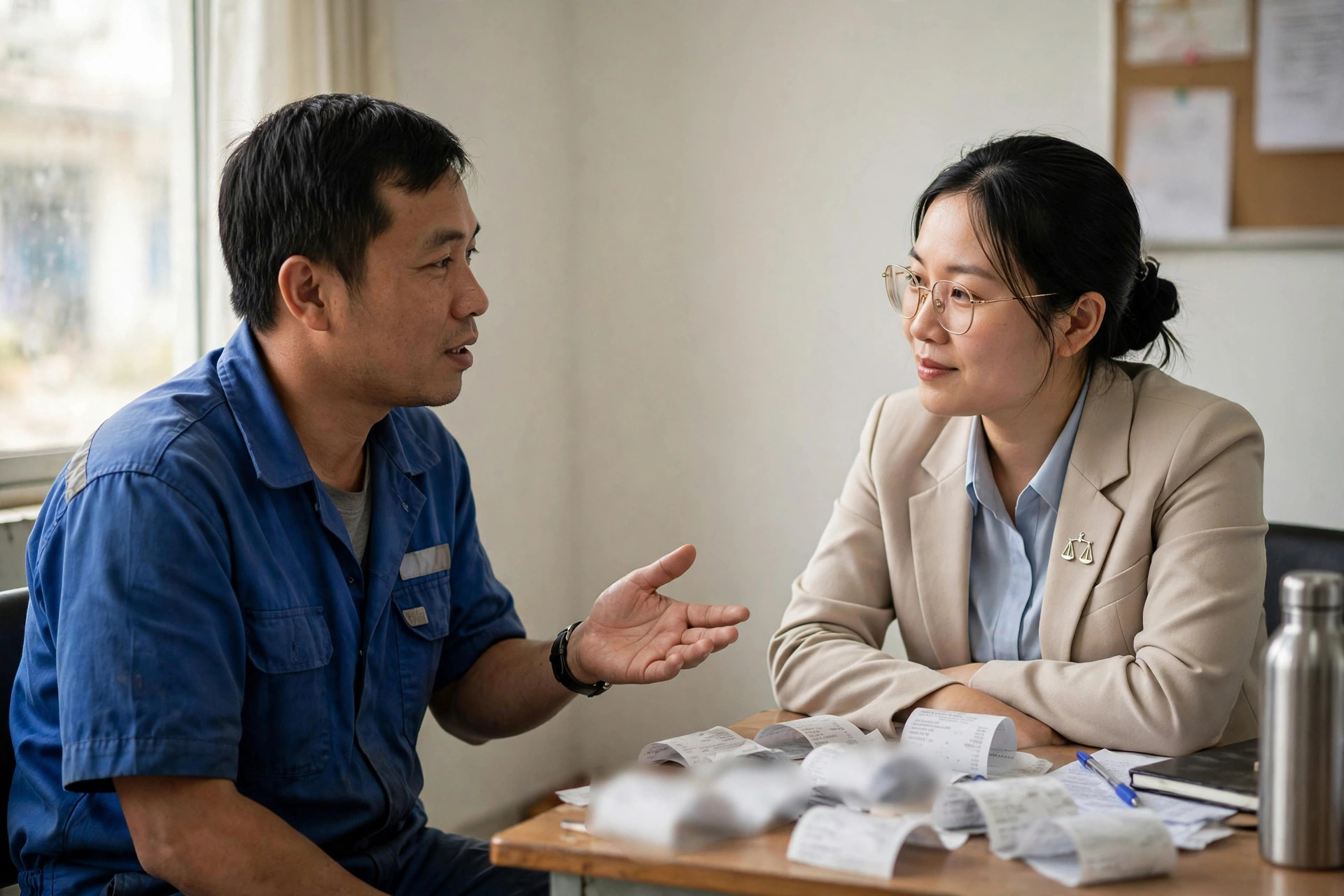 Người lao động trao đổi với cán bộ trợ giúp pháp lý về tiền lương